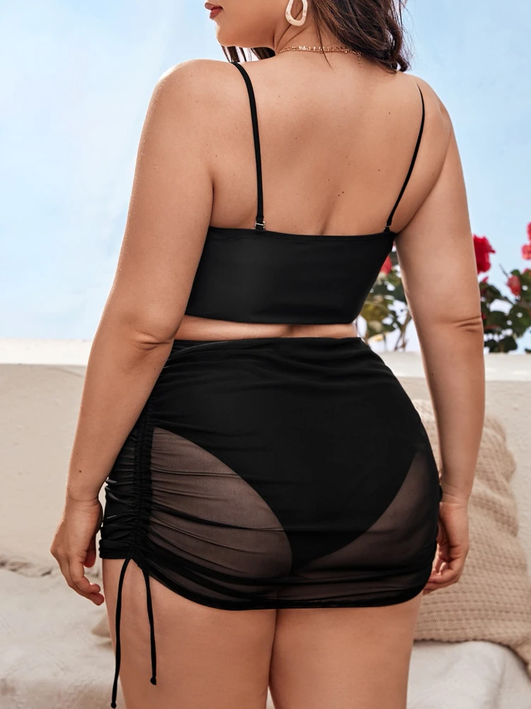 Sexy Bandeau Plus Size Bikini 3 Pieces Set Solid Black High Waist Swimsuit with Skirt Beachwear 4XL Biquini Swimwear Mujer 2024