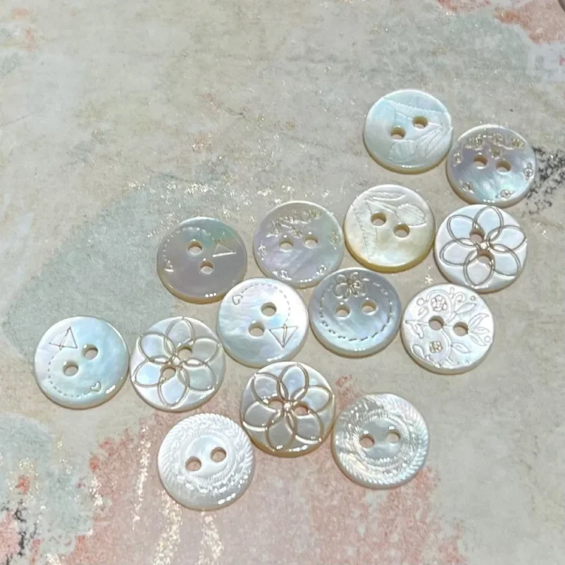 10pcs/bag Natural Shell Buttons White Mother of Pearl Tulip Butterfly Rose Design for Shirt Crafting Laser Two Holes Buttons