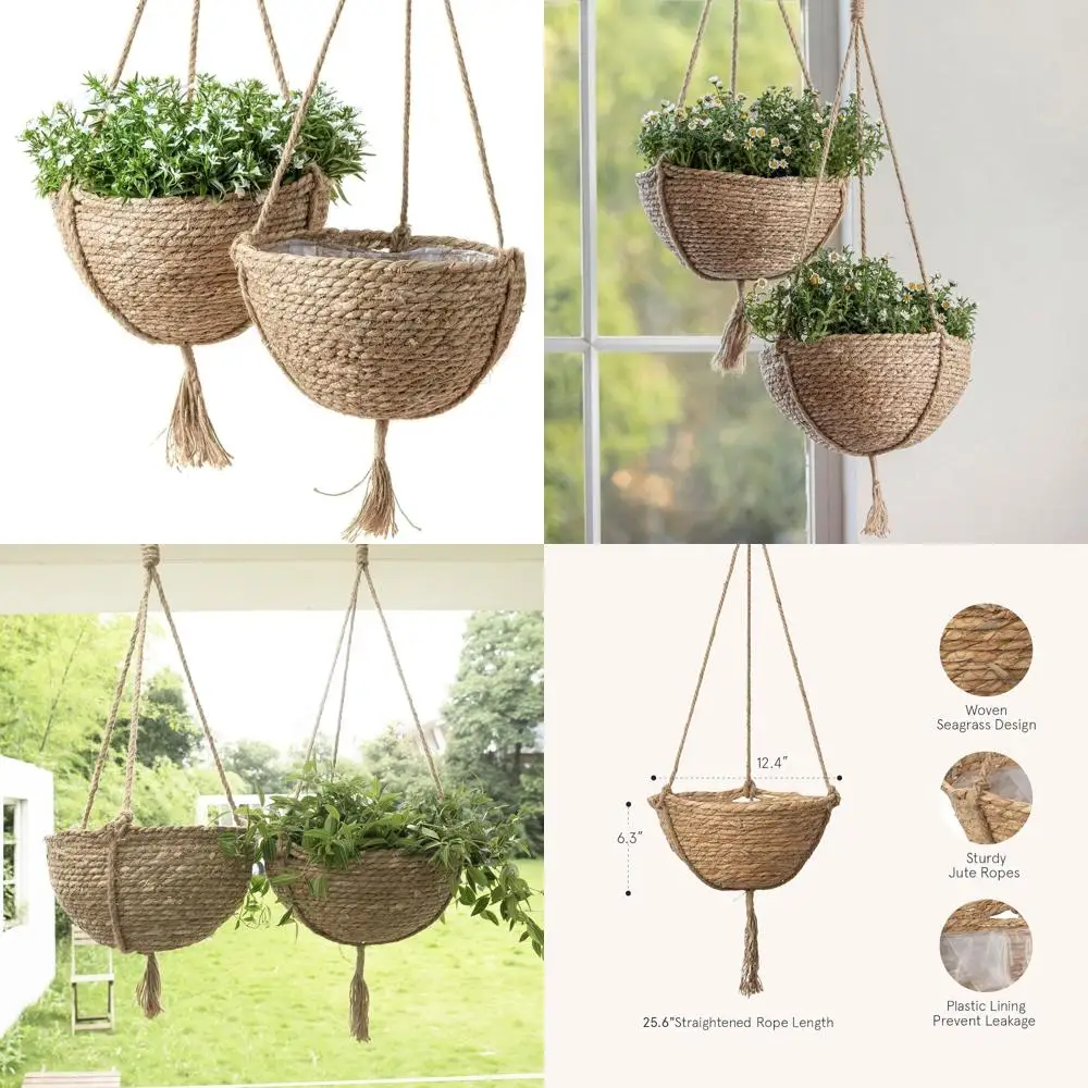

Boho Style Seagrass Hanging Planters, Indoor Decor Pots, 12.4 Diameter x 6.3 Height, Set of 2
