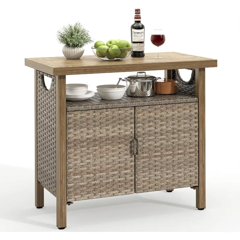 

Outdoor Storage Cabinet, Patio Bar Table with Two Doors and Shelves, Weatherproof Wicker Storage Console Table for Outdoor