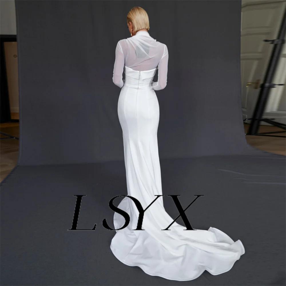 LSYX High Neck Long Sleeves Pleats Crepe Mermaid Wedding Dress For Women Illusion Zipper Back Court Train Bridal Gown