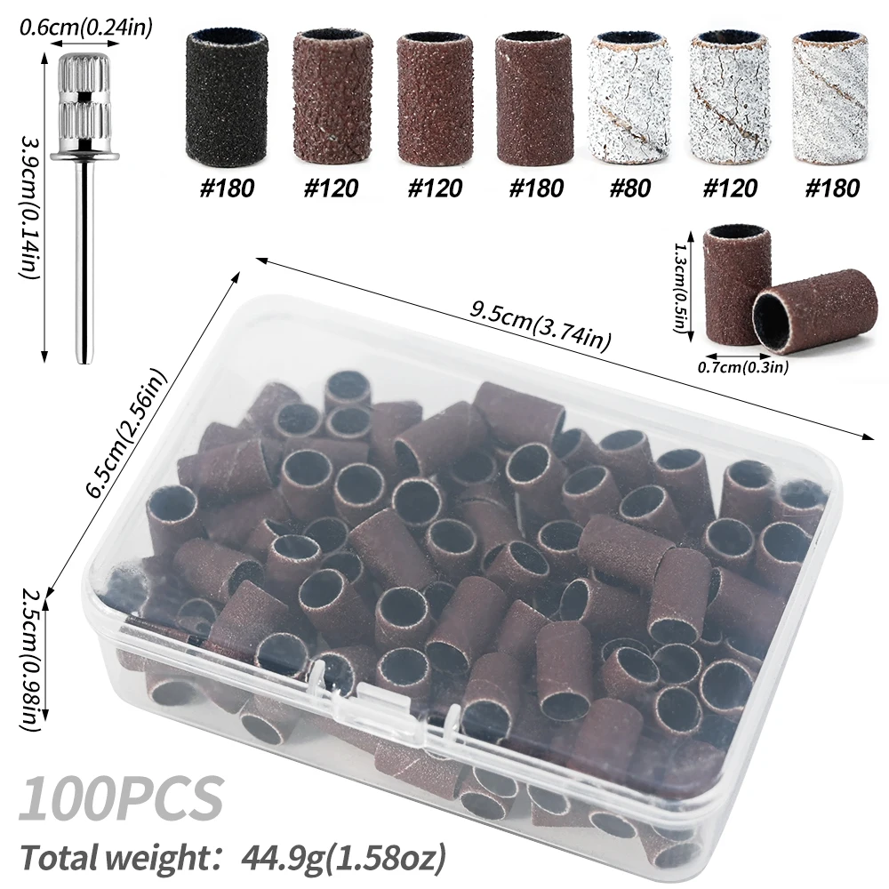 100 stuks nagelschuurringbanden, 80/120/180 #   Korrel + manicureboor slijpkoppen UV-gellak verwijderen Schuuraccessoires Gereedschap