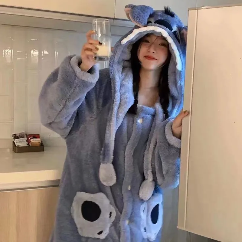 Cute Lilo Stitch Pajamas Robe Kawaii Women Thickened Warm Pajamas Disney Cartoon Loungewear Woman Autumn Winter Home Clothing