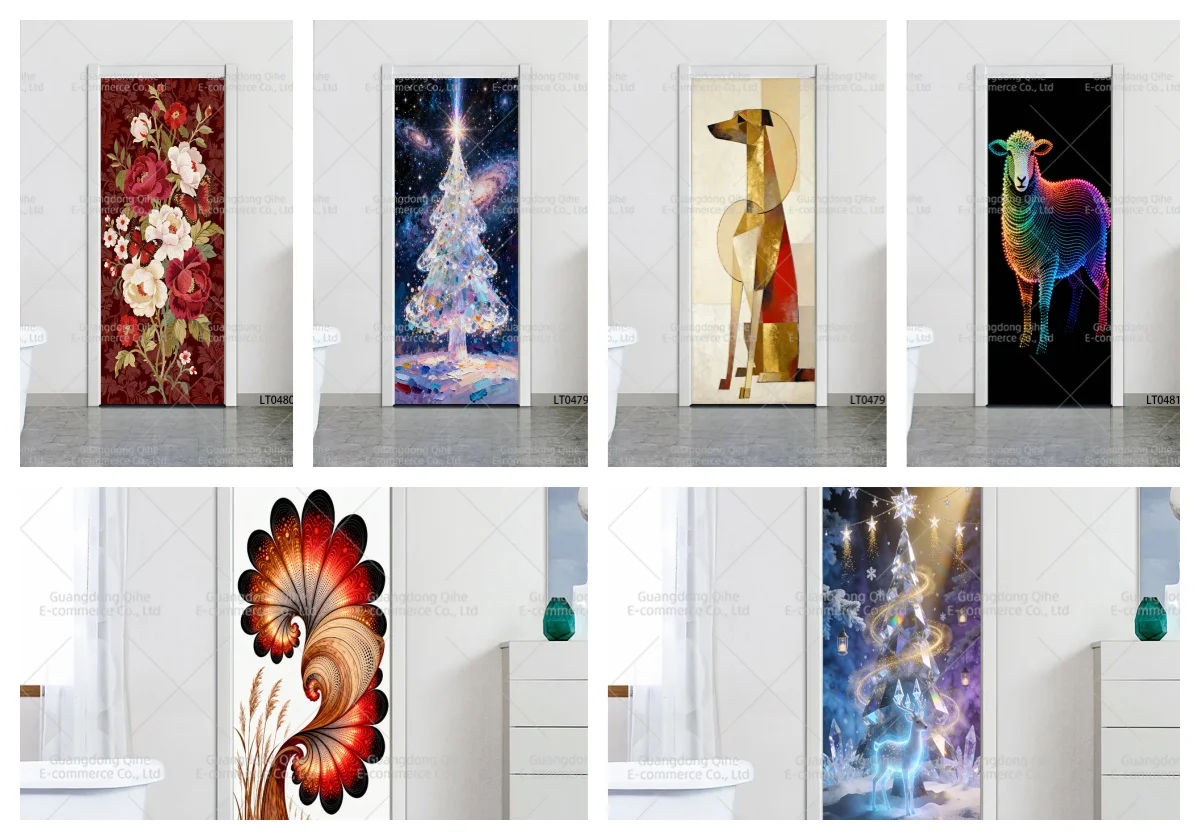 

Self-Adhesive PVC Door Decals - Dazzling Lights, Cute Animal & Bright Floral Pattern for Home Decor
