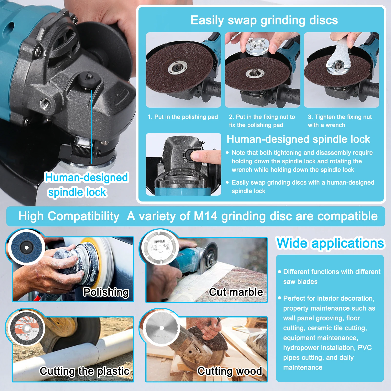 21V 125mm M14 Brushless Angle Grinder Electric Grinding Tool Multifunctional Lithium-ion Power Cutter Utility Machine