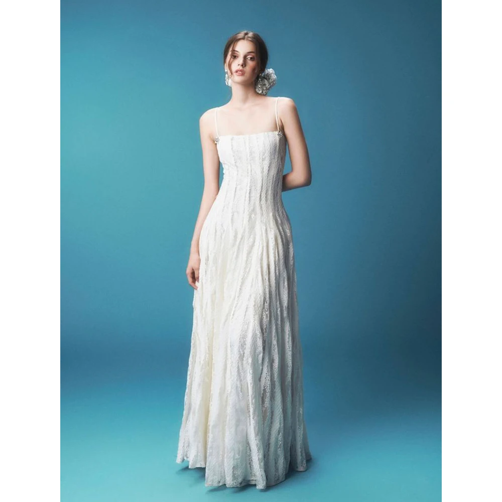 Elegant Ivory Spaghetti Strap Maxi Dress Women Slim Fit Lace Square Neck Floor Length Party Gown Formal Evening Prom