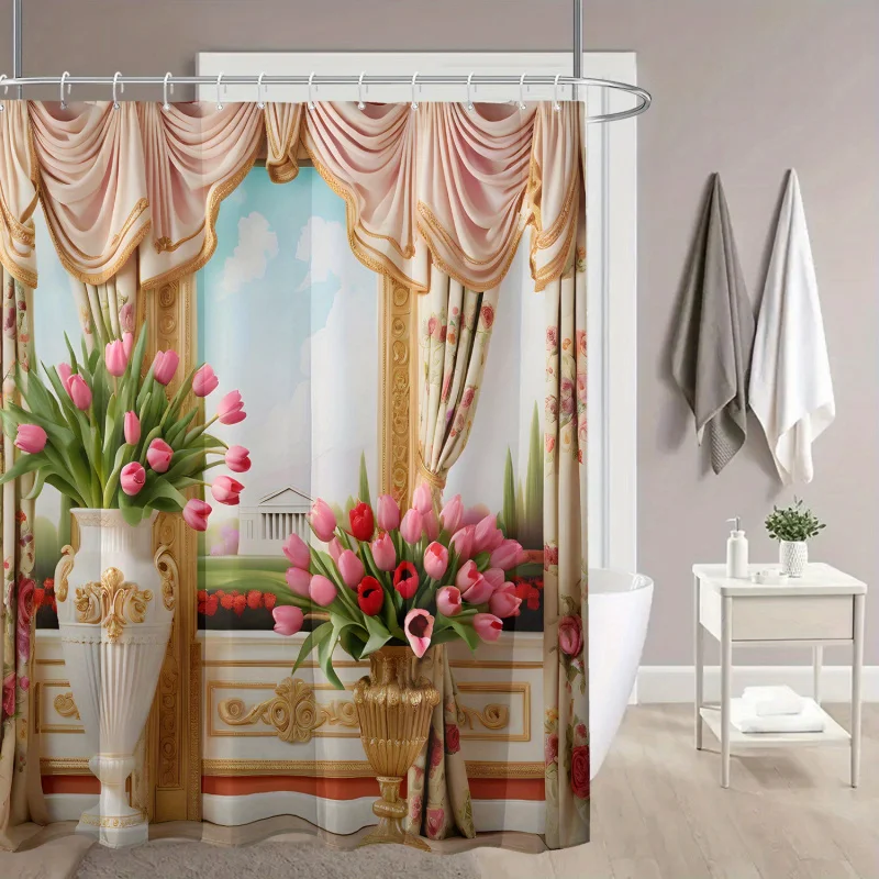 Chic Beige Retro Floral Shower Curtain with Vase & Tulip Design - Waterproof Polyester, Includes Hooks, Machine Washable - Perfe