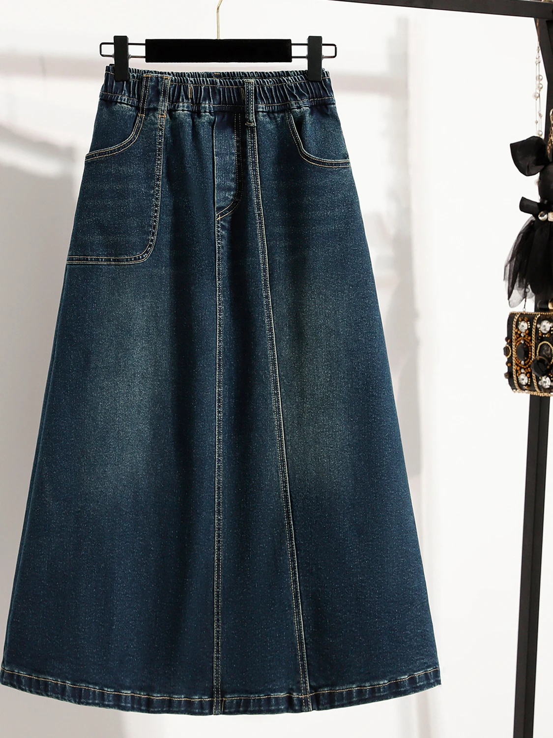 

Аутентичная весна 2026, свободная джинсовая юбка длиной миди с эластичной резинкой на талии, юбка Sli f- длины Ele Commute Sle