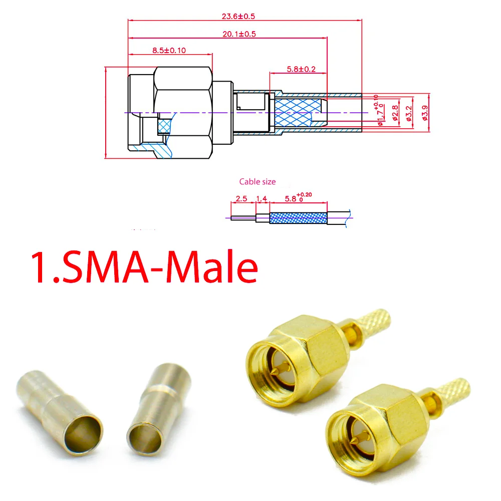 SMA Male Female Connector Window Crimp RP SMA Male Female Center Nut Bulkhead Crimp Adapter for Coaxial RG174 RG316 cable