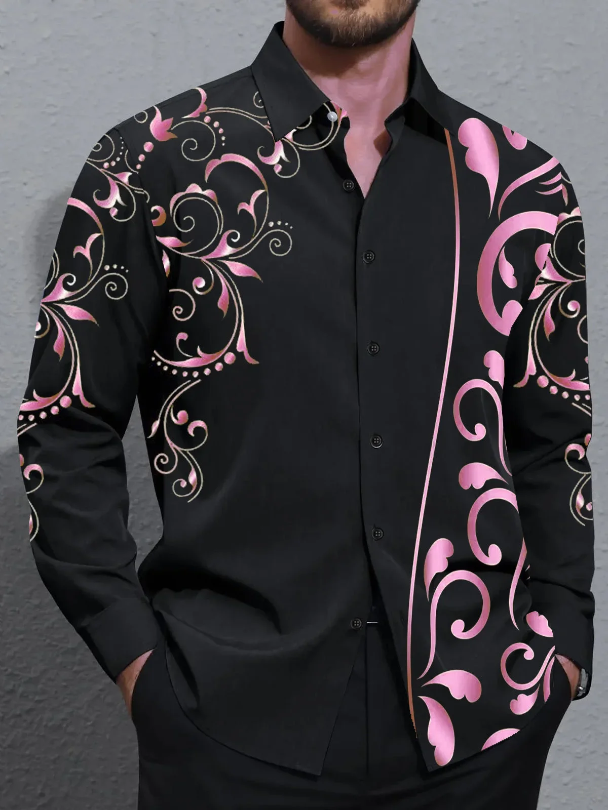 

Men's Classic Retro Black White Curly Grass Pattern 3D Printed Shirt Long-sleeved Lapel Shirt Business Casual Vacation Outdoor