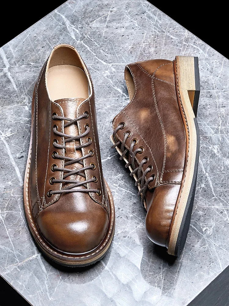 US Size Handmade Casual Top Leather Shoes Men's British Retro Style Lightweight Breathable Cowhide Oxfords Male