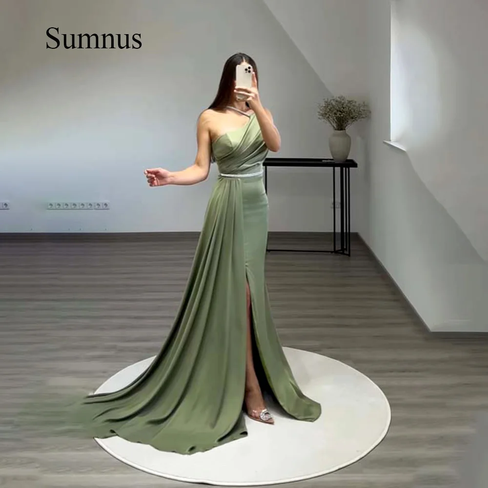 Sumnus verde-oliva sereia vestidos de noite cintas espaguete divisão lateral com trem vestidos formais robe de soiree femme elegante