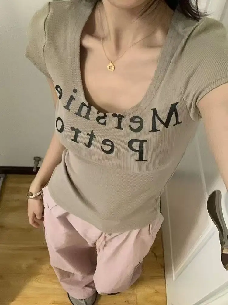 2025 ฤดูร้อนTเสื้อผู้หญิงVคอY2k Kpop Vintageสาวร้อนพิมพ์Vคอสั้นเสื้อยืดCrop Topผู้หญิงTeesเสื้อผ้า