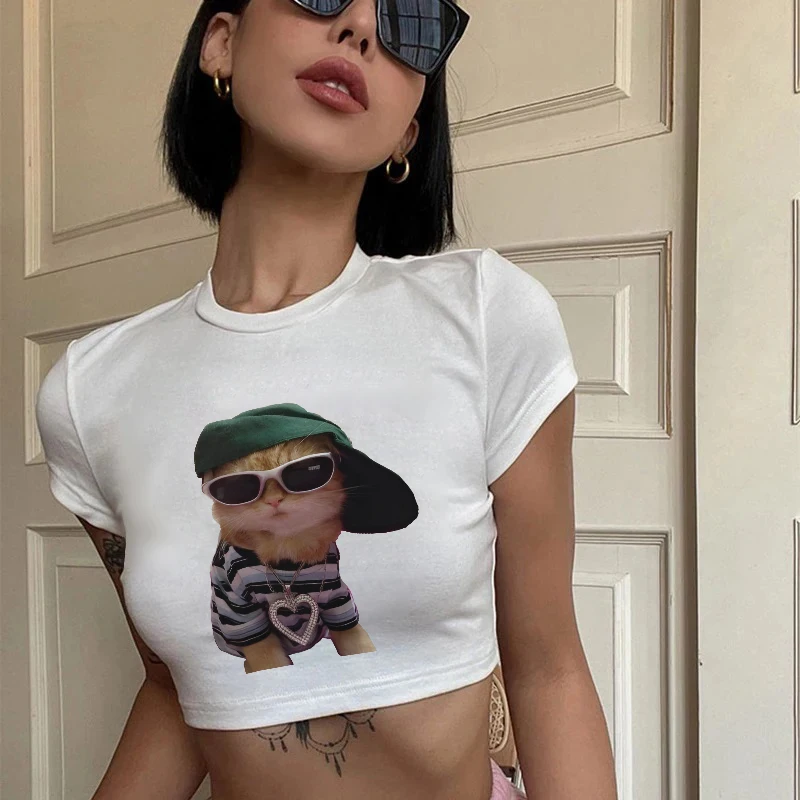 High street vintage trend hiphop Cool Cat streetwear popular t-shirt Women's american casual harajuku y2k tops Slim fit T-shirt