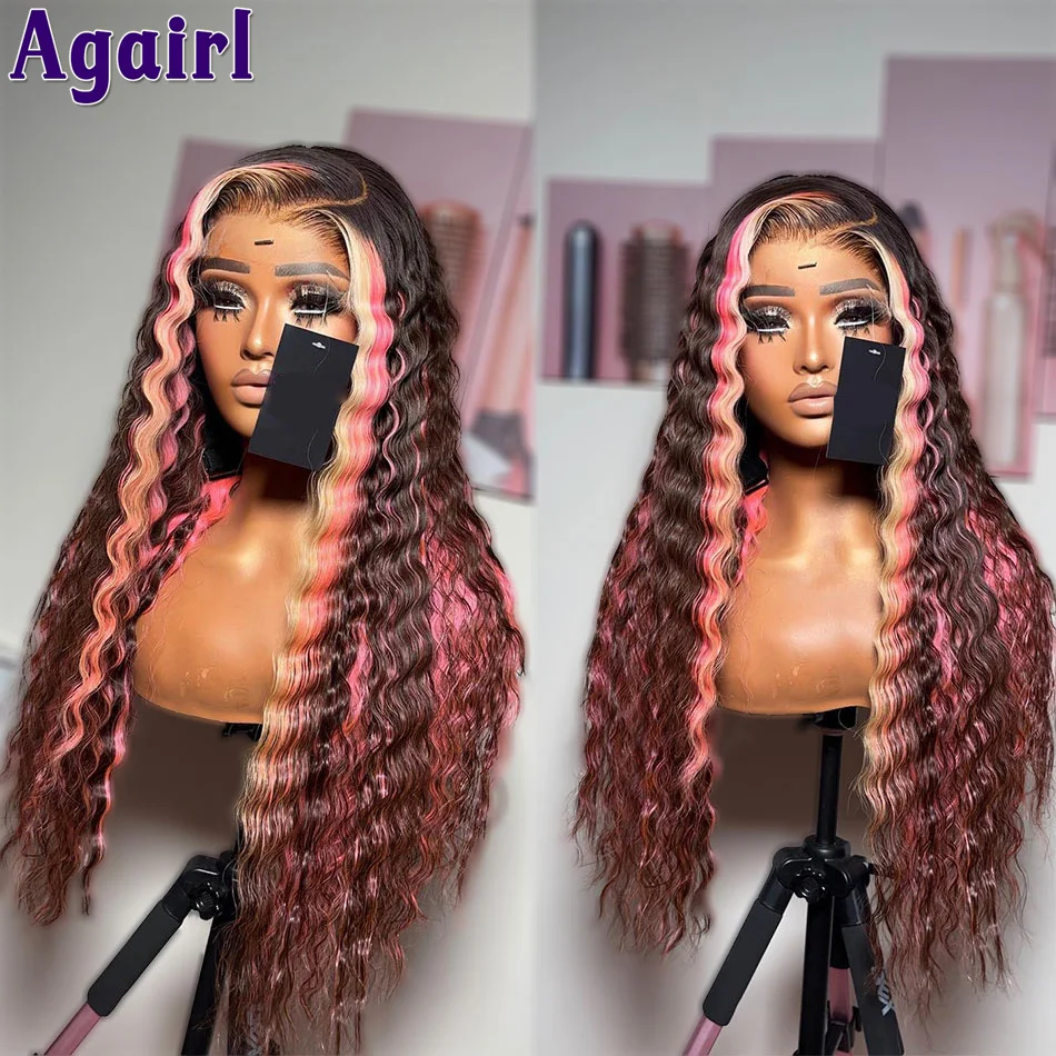 34Inch 13X6 Highlight Blonde Pink Deep Wave Lace Frontal Wig 13X4 Lace Front Curly Human Hair Wig Straight 4X6 Ready Go Wig 180%