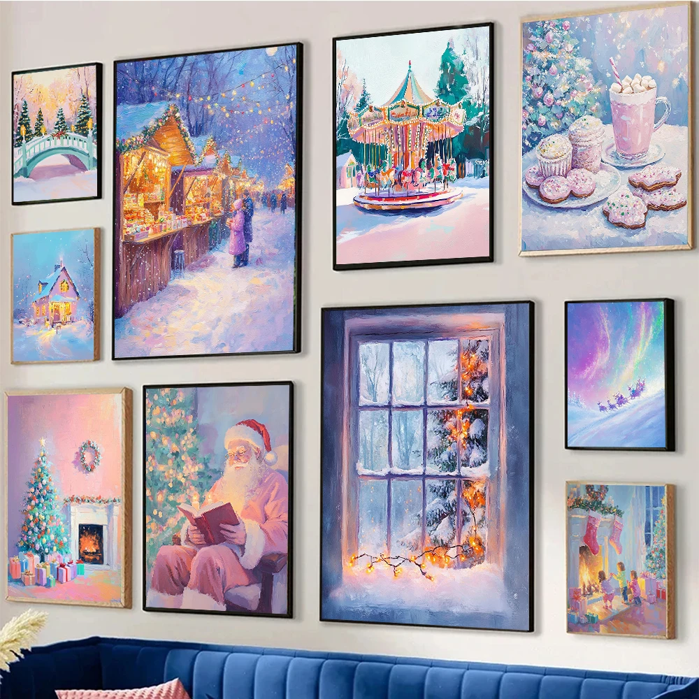 Winter Village Christmas Scene Aesthetic Art Poster Santa Claus Elk Delivering Gift Holiday Canvas Painting Christmas Home De
