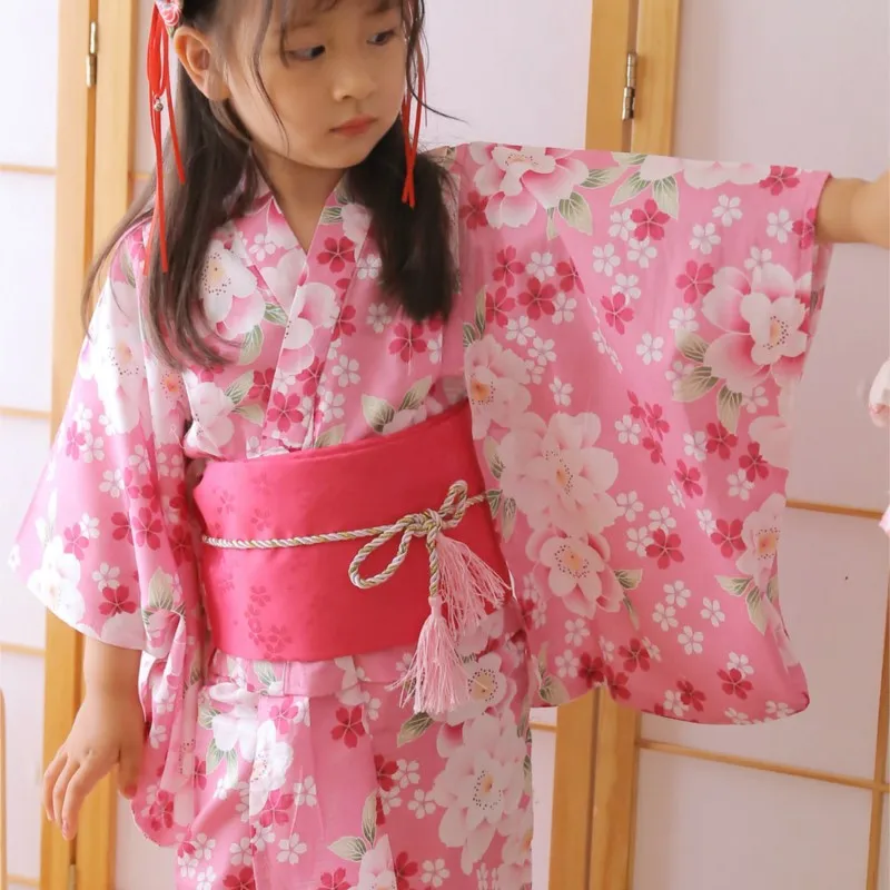 Japanese Style Children\'s Long Sleeve Kimono Bathrobe Women\'s Solid Wide Sleeve Long Cherry Blossom Kimono Dress Costume ZE489