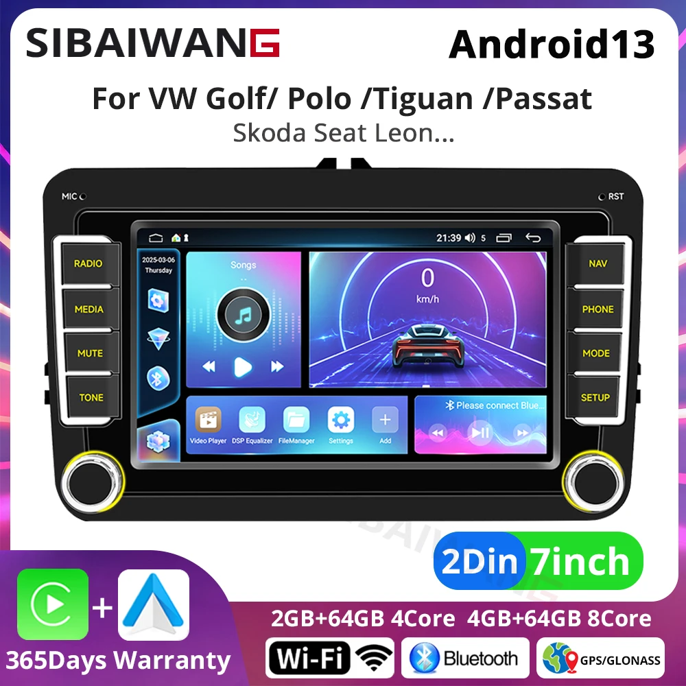 

7inch Android13 Car Radio 2Din Car Multimedia Player WiFi GPS BT CarPlay for Volkswagen Www CC Passat B7 Polo Golf 5 6 Jetta Mk5