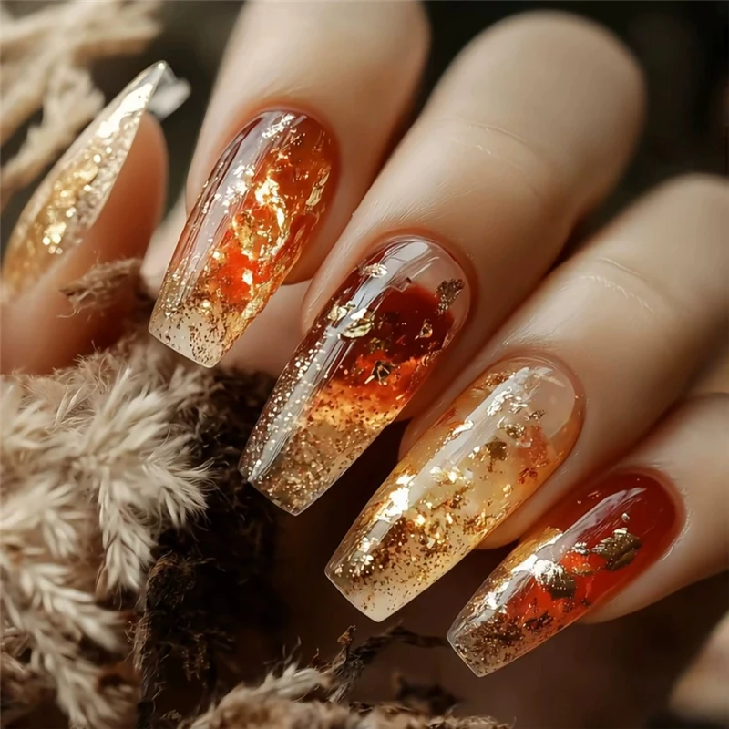 24pcs Long Coffin Almond Press On Nails Marble Glitter Heart Nail Patches with Jelly Luxury Fake Nails For Women Holiday Nail view 6
