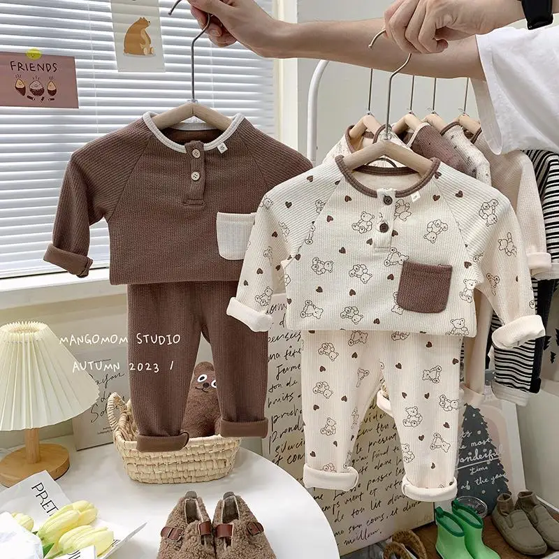 Children\'s Pajama Sets 2023 Autumn Kids Knitted Home Clothing Set Girs Boys Tops Pants Set Korean Baby Sleepwear Homewear