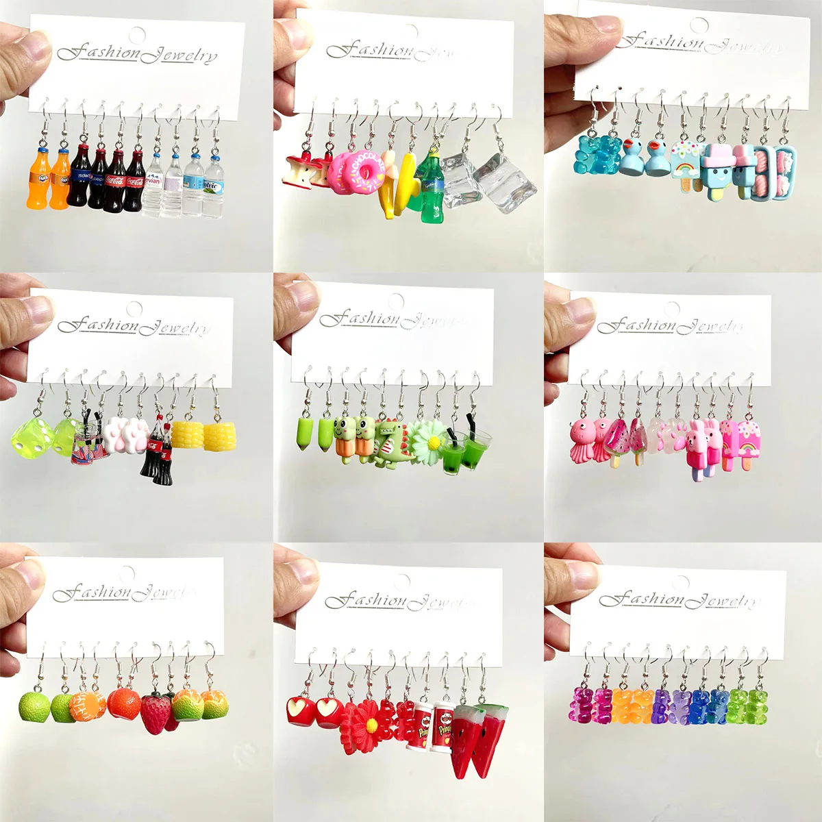 Set anting-anting wanita, 5 pasang anting kecil liontin Resin warna segar seni manis dan lucu hewan buah teh susu