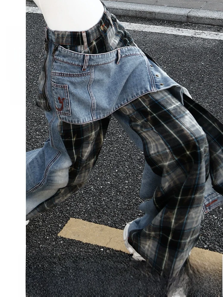 

American Retro Plaid Patchwork Denim Wide Leg Pants Women's Belted Waist Structure Cool Literary Style Loose Fit Jeans