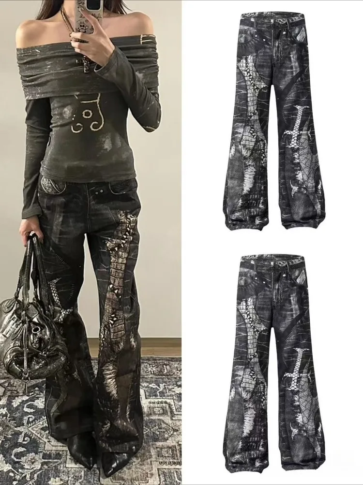 Y2K 2000er Grunge-Ästhetik Damen Denim Schlaghose mit Strukturdruck Patchwork Gothic Harajuku Hip-Hop Gewaschene Flare-Jeans