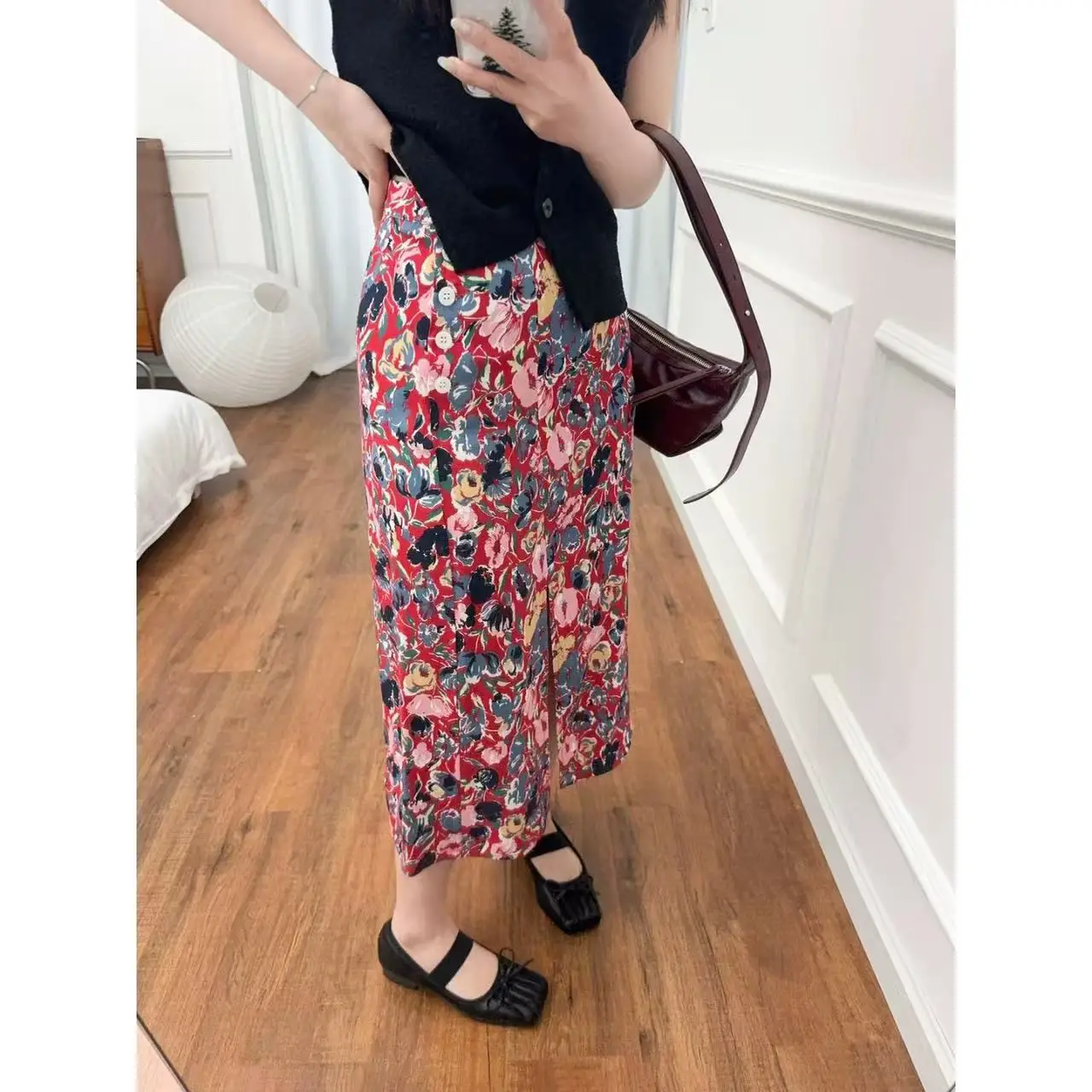 

Ele High Waist Midi Skirt Women's Printed Silk f Skirt Slimming Split Spring 2025 Faion Country Sle Skirt