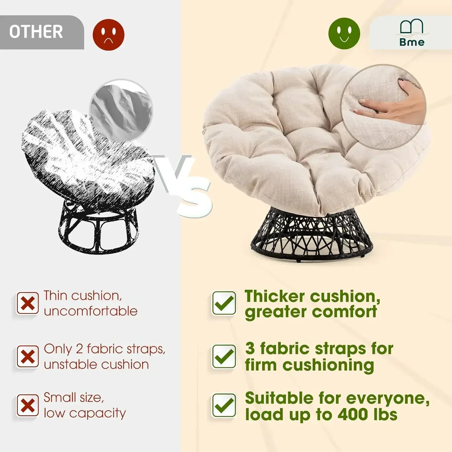 Bme Ergonomic Wicker Papasan Chair with Soft Thick Density Fabric Cushion, High Capacity Steel Frame, 360 Degree Swivel