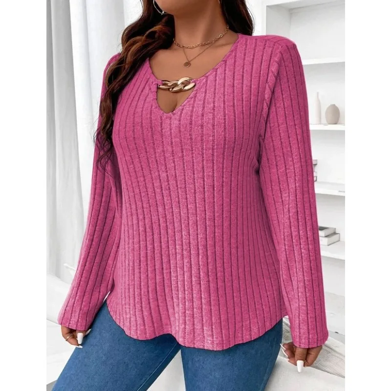 Sweter damski Solid Commute Elegant V-neck Modny Pit Stripe Długi rękaw Plus Size Top Wszechstronna Odzież Jesień Zima