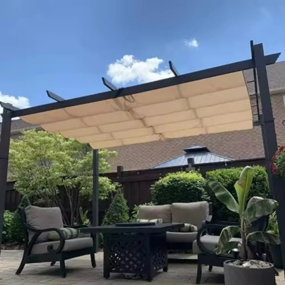 10 X 10 FT Outdoor Retractable Pergola with Sun Shade Canopy for Garden Porch Beach Pavilion Yard Grape Trellis Pergola