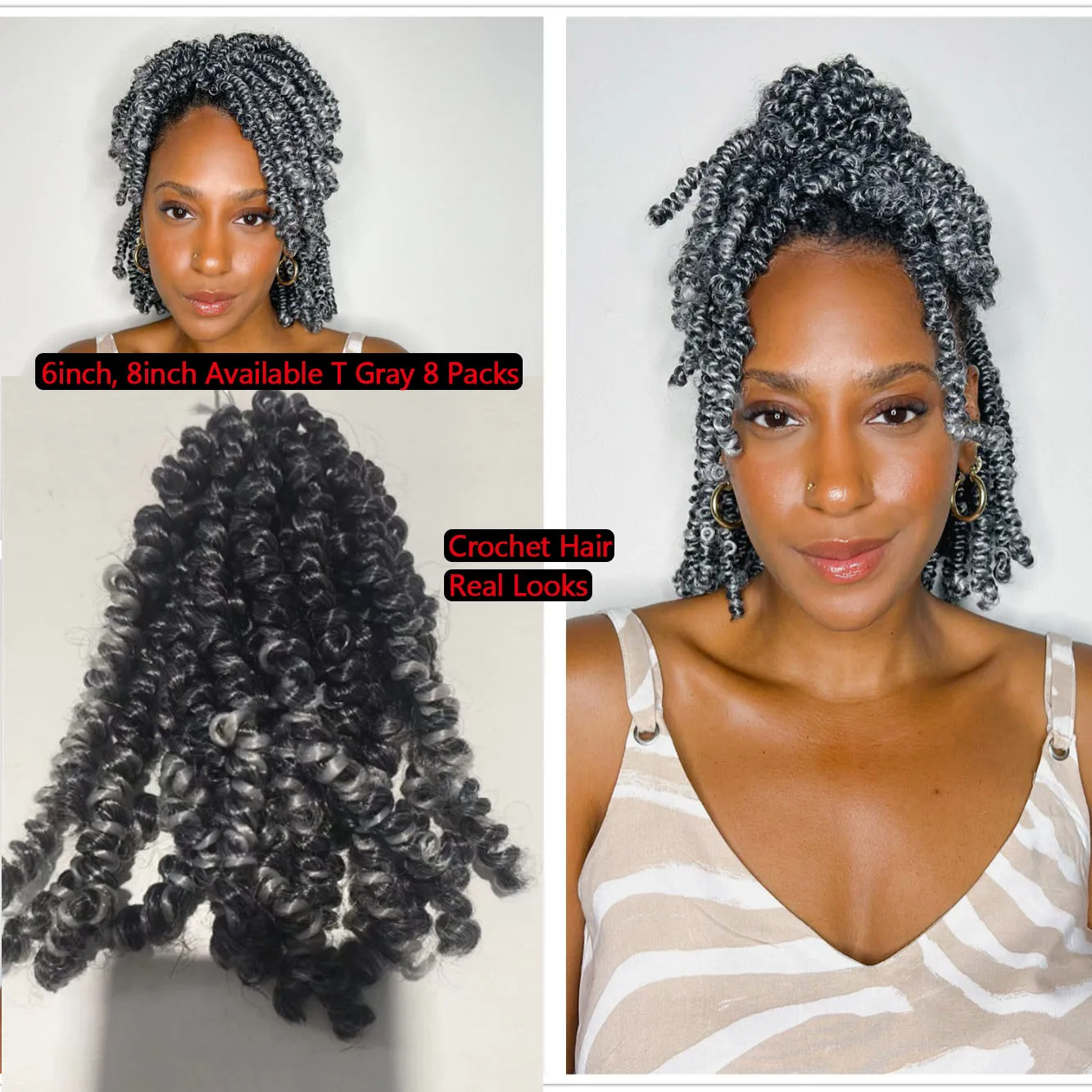 

T Grey# Bob Spring Twists Crochet Braids Hair Ombre Gray Pre-twisted Synthetic Braiding Hair Extension(Each Pack of 8 Bundles)