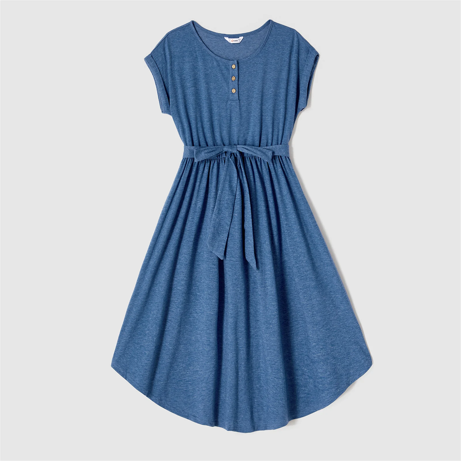 PatPat Family Matching Outfits Blue Cap-sleeve Belted Midi Dresses and Short-sleeve Striped Spliced T-shirts Family Looks Sets