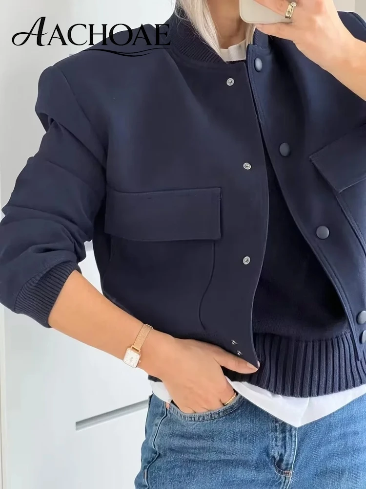AACHOAE Women's Utility Pocket Bomber Jacket Cropped Snap Button Coat Rib Knit Baseball Collar Casual Outerwear