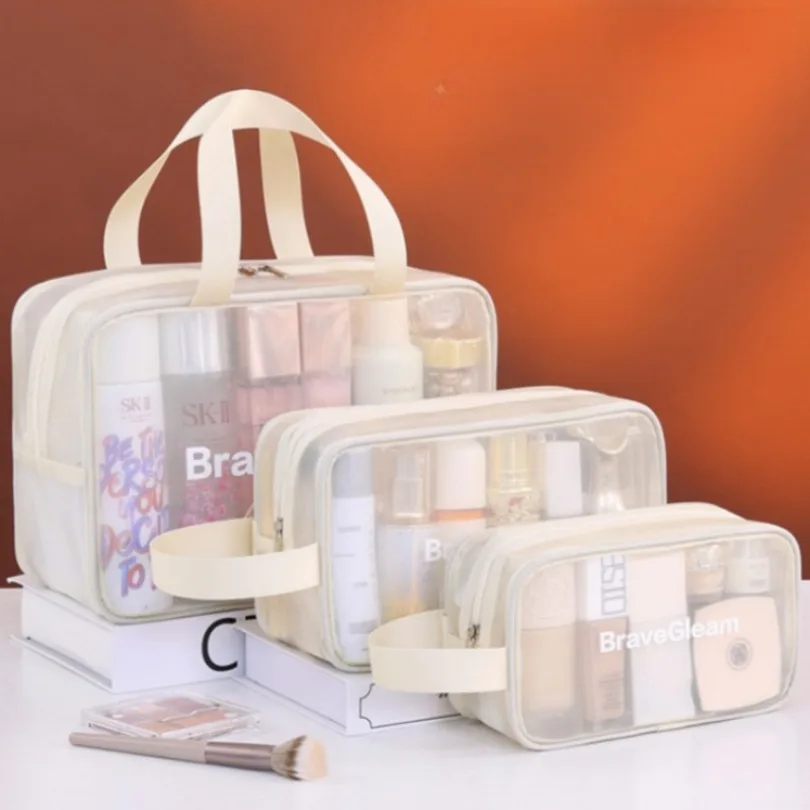 Clear Mesh Makeup Bag Set Portable Cosmetic Bag Multisize Travel Toiletry Organizer Ladies Cosmetic Divided Storage Handbag