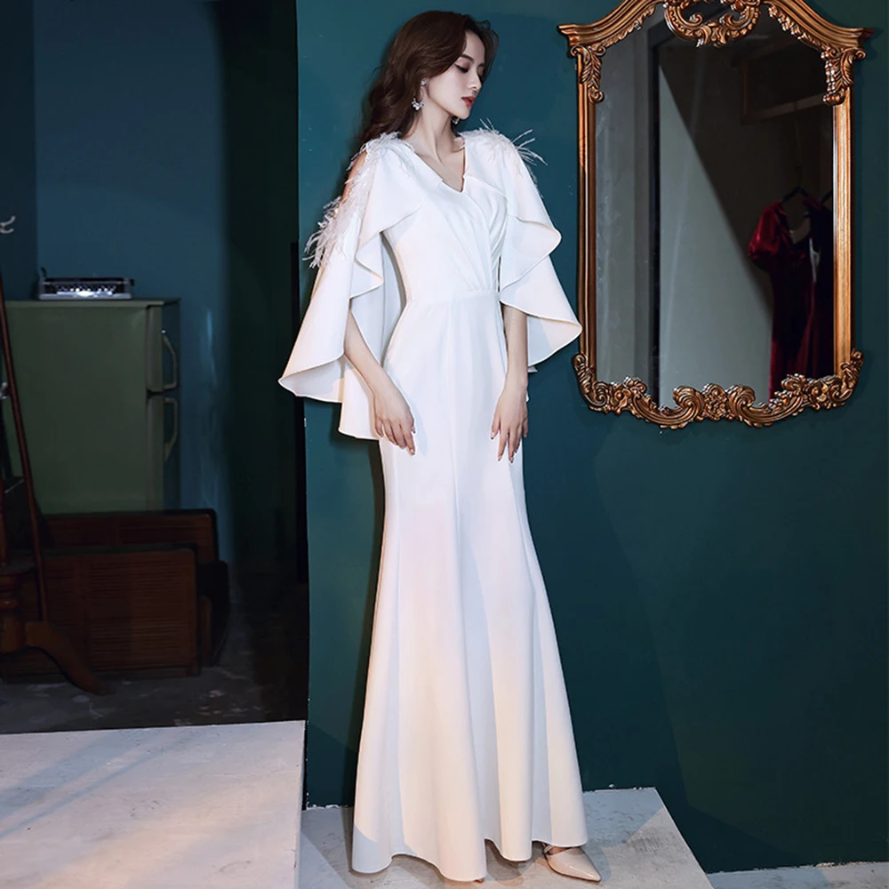 

Elegant Solid White Evening Dress Women Pleated V-Neck Cocktail Gown Feather Hollow Out Design Shawl Slim Fit Fishtail Vestido