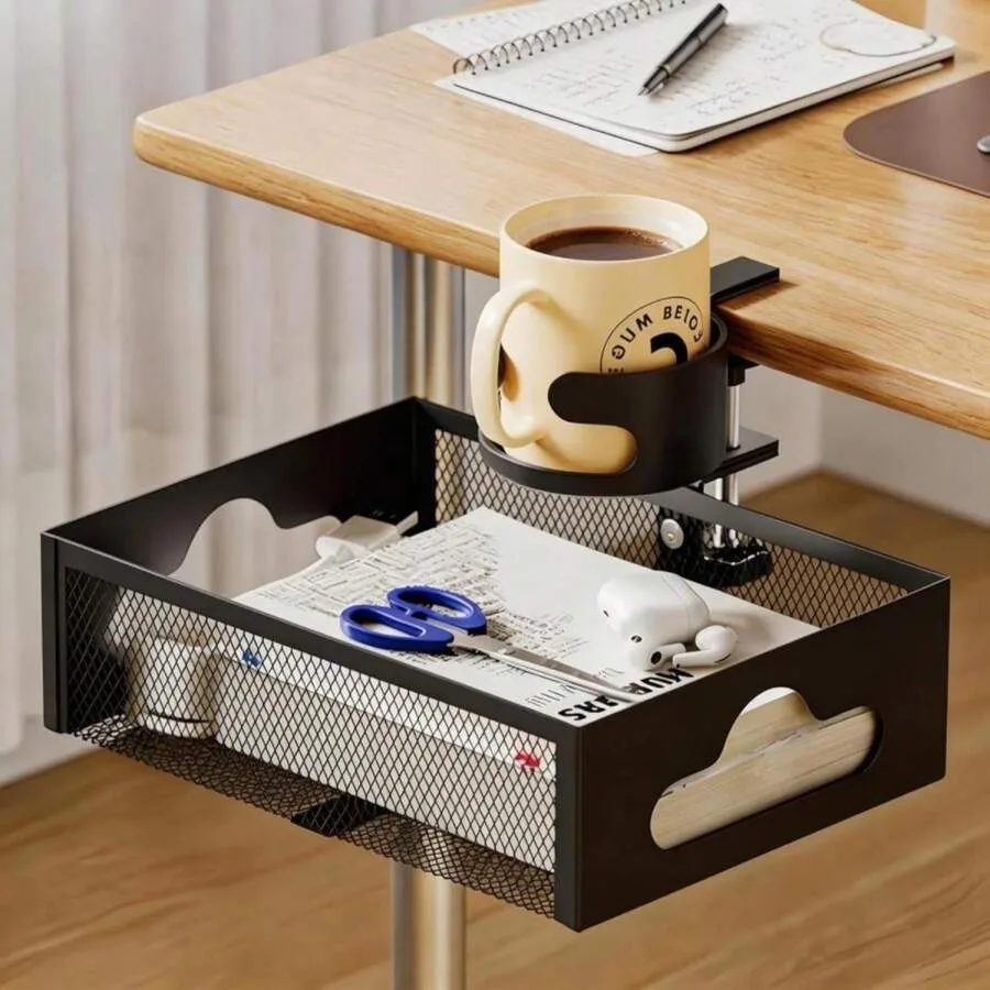 XULIONTS Clamp-On Under Desk Organizer With Cup Holder, 360 Rotating Mesh Drawer With Cable Hole, No-Drill Desk Drawer Organize