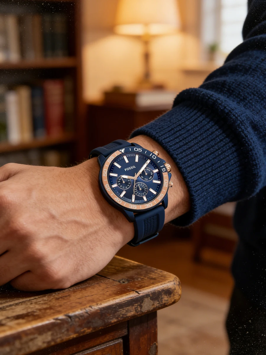 Fossil Men's Sport Chronograph Watch Blue Silicone Strap Rose Gold Bezel Multifunction Quartz Day Date Display Gift For Friend