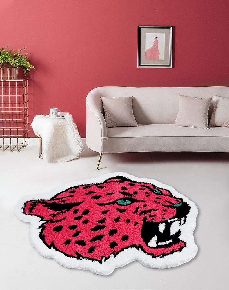 Animal Red Leopard Head Tufted Rug for Living Room Bedroom Fluffy Funky Carpet Home Decor Cute Jaguar Bathroom Floor Mat