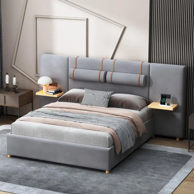 Queen Velvet Upholstered Platform Bed with Dual Outlets & USB Ports, Bedside Pillows, Storage Shelves, Gray