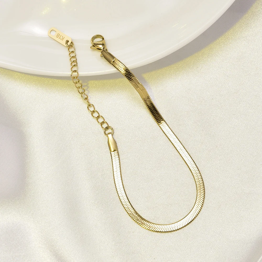 S14 vintage stainless steel gold bracelet, gentle and elegant flat snake chain jewelry for women