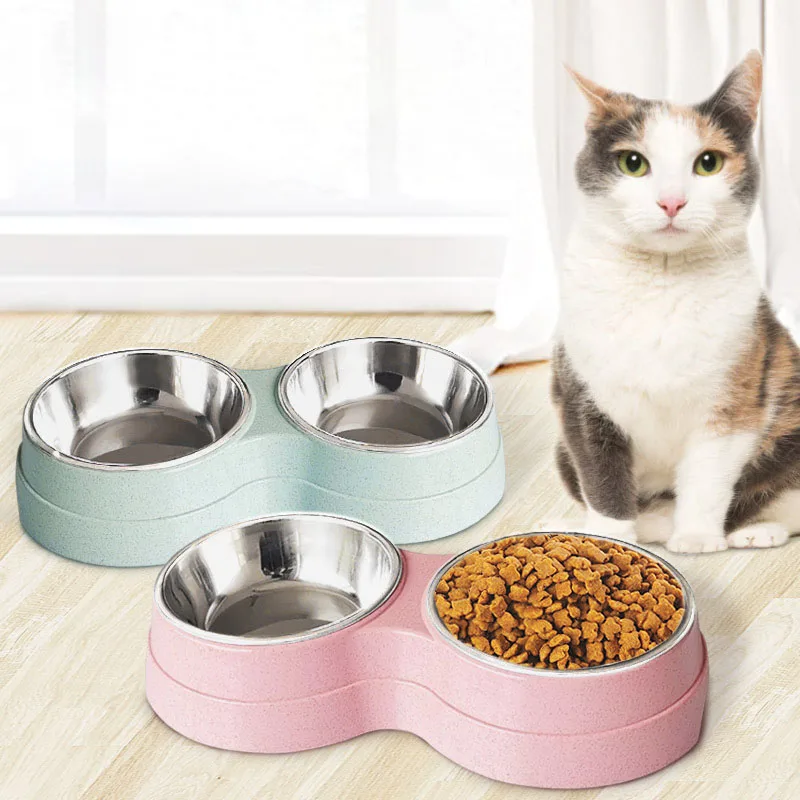 Double Pet Bowls Cat Feeder Water Feeder Round Stainless Steel Drinking Dish Feeder Cat Puppy Feeding Supplies Cat Accessories