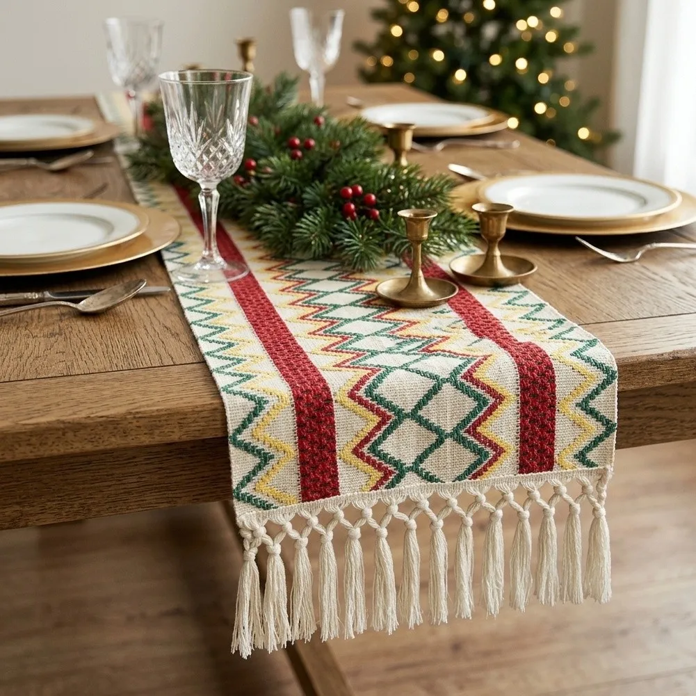 Polyester Table Scarf for Runner 180CM with Sturdy Woven Geometric Texture and Tassel Edges Red Green Blue Orange Use