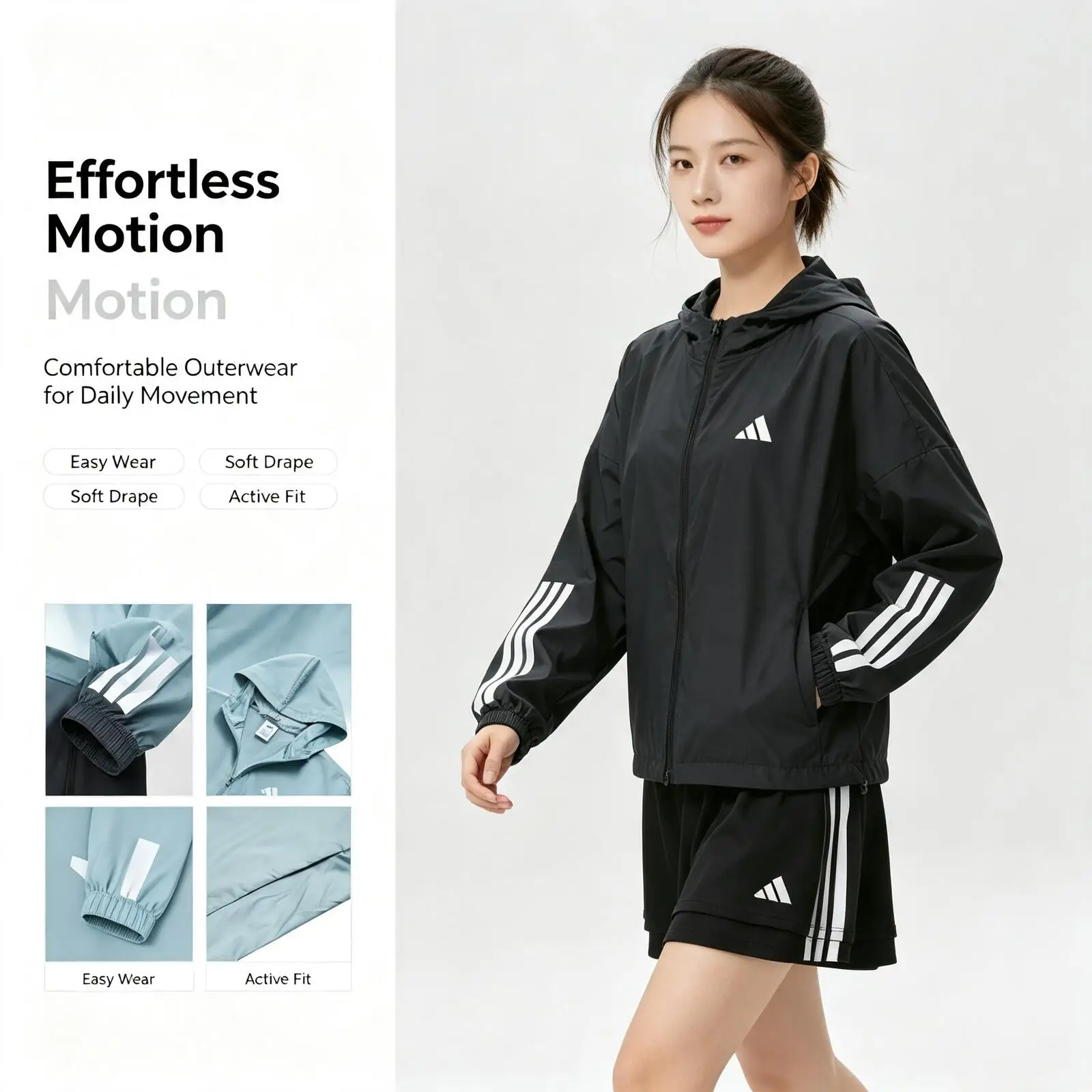Adidas Women’s Casual Zip-Up Jacket, Solid Color Stand Collar Outerwear with Pockets, Lightweight Daily Jacket