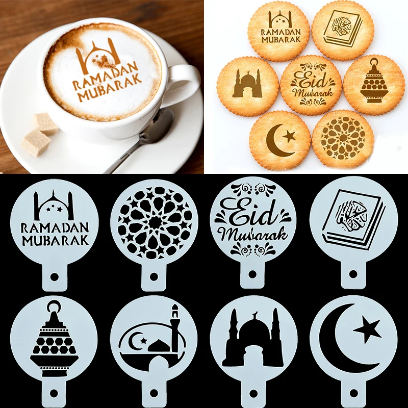 8 stücke PET Eid Mubarak Kaffee Spray Schablonen Cookie Kuchen Form Ramadan Kareem Dekoration 2025 Muslim Islamischen Festival Party Supplie