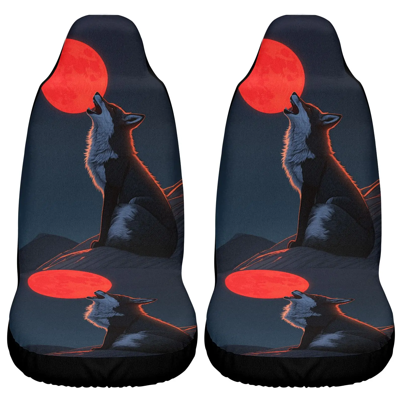 Set Of 2 Car Seat Covers | Black Wolf Howling At A Red Moon Design, Universally Fits For Car Interior Decor, Ideal For Birthday