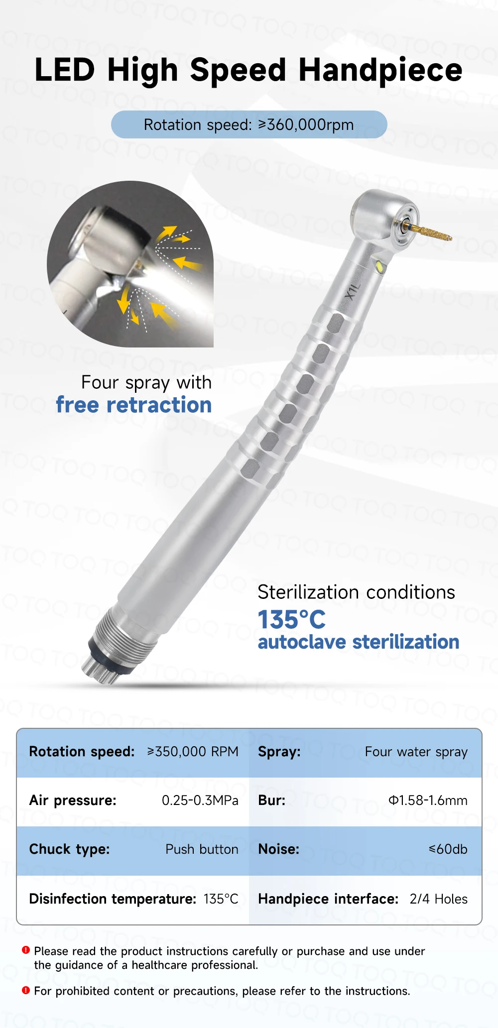 Self‑powered LED TOQ X1L LED High Speed Air Turbine Handpiece Torque Head E‑Generator Ceramic Bearing 4 Water Spray Low Noise
