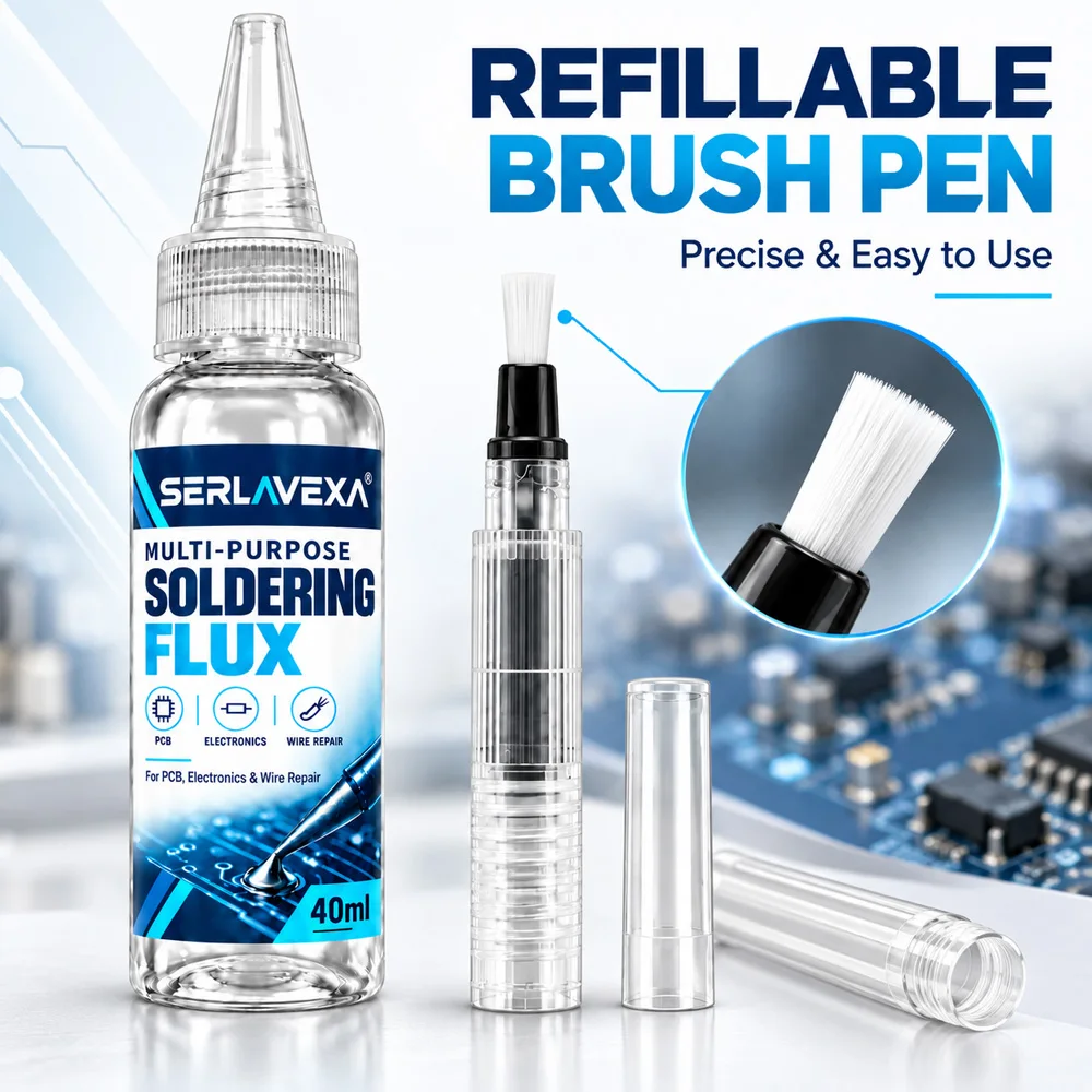 SERLAVEXA Soldering Flux Set 2x40ml with Refillable Brush Pen for Electronics PCB Repair Circuit Board Soldering and Wire Work