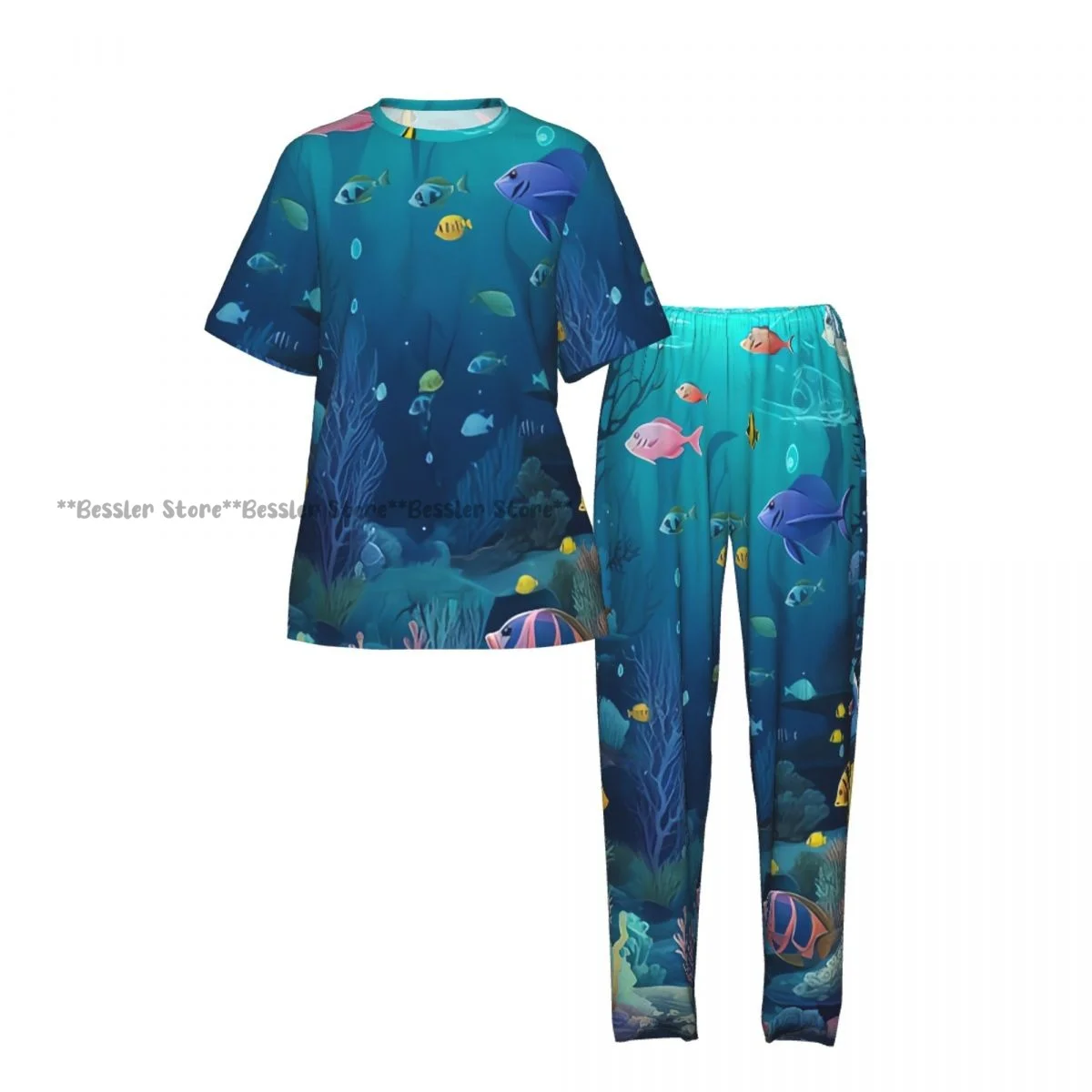 Women Pajama Sets Lounge Sleepwear Tropical Fish Underwater World Landscape Short Sleeve Nightwear