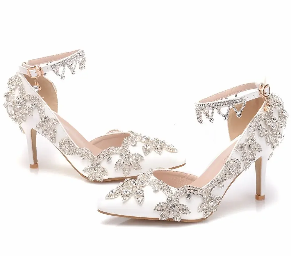 Women Summer Shoes New Women Pumps Sandals Rhinestone Side Air Wedding PU 8CM Thin Heeled Pointed Lovely Woman Shoe